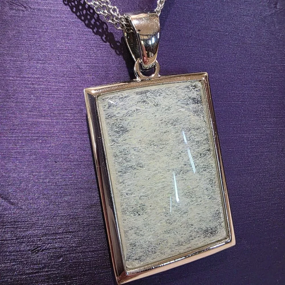 Vintage Transluscent Rectangle Silver Frame Triple Chain Necklace Near Mint